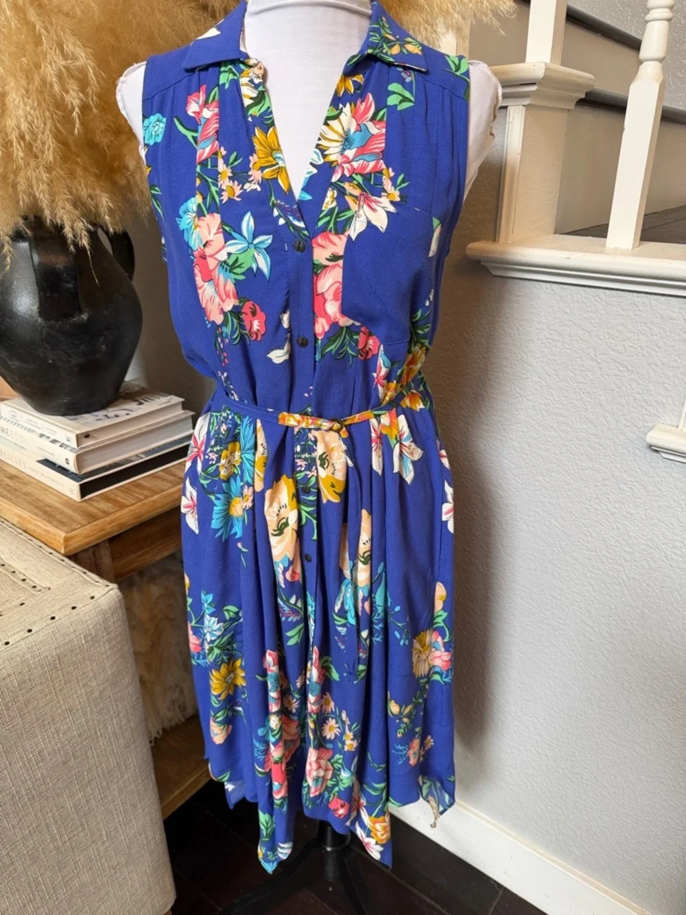 Anthropologie Maeve Rory Floral Sleeveless Button Down Midi Shirtdress Blue SZ 0